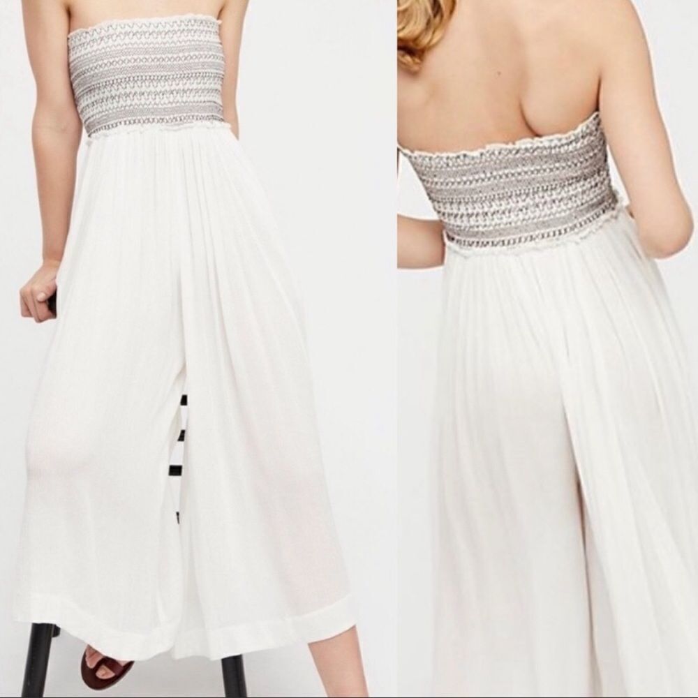 Free People Jumpsuit Once Upon A Rainbow Strapless Wide Leg Embroidered NWT XS